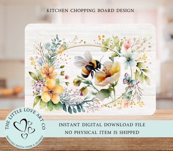 Bee Floral Kitchen Cutting Board Design, Bumblebee Kitchen Chopping Board, PNG, Tempered Glass Board Design, Instant Digital Download