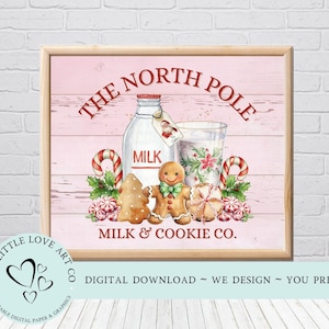 8 x 10 The North Pole Milk & Cookie Co. Print, Pink Christmas Decor, Gingerbread Christmas Wall Art, Printable Art, Instant Digital Download
