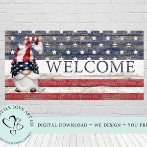 Willkommen Stars & Stripes Vaterländisches Rechteck Sublimationsdesign, Sommer Willkommensschild, Porch Decor, 4. Juli Gnom, SOFORTIGER DIGITALER DOWNLOAD