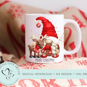 Christmas Gnome and Reindeer Mug Design - Christmas Sublimation Design, Gnomes Mug Transfer, Gnome Mug, PNG, Gonk, Instant Digital Download