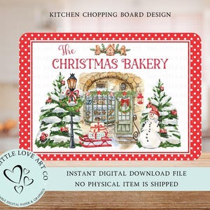 Op de afbeelding: Een keuken snijplank ontwerp met witte en rode stippen met een aquarel illustratie van een kerstbakkerij met een sneeuwpop, een kerstboom en de tekst "The Christmas Bakery".