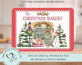 May include: A white and red polka dot kitchen chopping board design featuring a watercolour illustration of a Christmas bakery with a snowman, a Christmas tree, and the text "The Christmas Bakery".