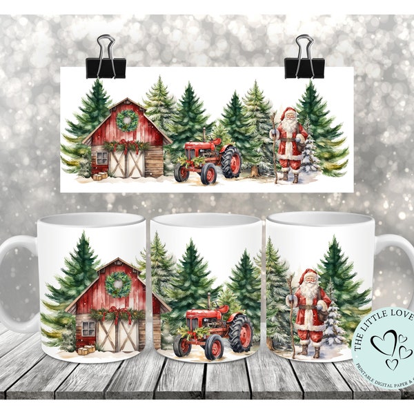 11oz Mug Wrap Christmas on the Farm Design -  Christmas Sublimation Design, Santa Mug Wrap, Red Barn Farm, PNG, Instant Digital Download