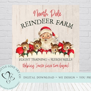 North Pole Reindeer Farm Vintage Santa PNG, Santa Reindeer Christmas Clip Art, Christmas Decor, Sublimation Design, Instant Digital Download