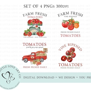 4 x Farm Fresh Tomato PNG Designs, Sublimacja pomidorów, Farm Fresh Tomatoes, Znak targu rolników, Clipart pomidora, Natychmiastowe pobieranie cyfrowe