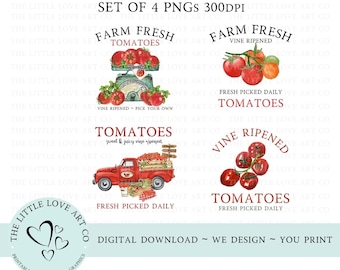 4 x gårdsfärska tomater PNG-designer, tomatsublimering, gårdsfärska tomater, bondens marknadskylt, tomatclipart, omedelbar digital nedladdning