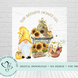 The Bee Hive Honey Co Design, Bee Gnome Zonnebloemen en Madeliefjes Bee Hive Printable PNG, Kransbord, DIGITALE DOWNLOAD