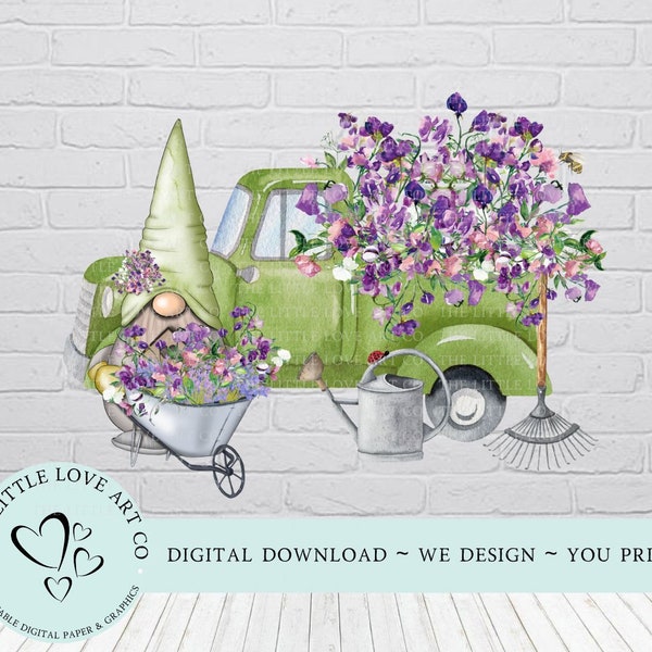 Sweet Pea Gnome Truck PNG, Green Vintage Truck & Floral Gnome Sublimation Design, Sweet Pea Flowers, Garden Gnome, Instant Digital Download