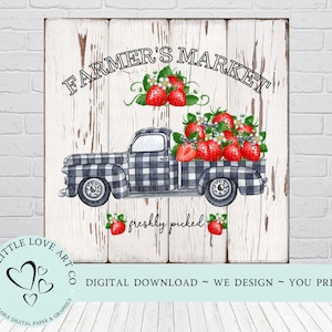Farmer&#39;s Market Strawberries Truck Design, Freshly Picked Strawberries png, Buffalo Check Truck, Printable Digital Paper, DIGITAL DOWNLOAD
