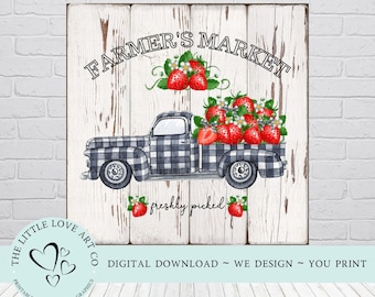 Bauernmarkt Erdbeeren LKW-Design, frisch gepflückte Erdbeeren png, Buffalo Check LKW, druckbares digitales Papier, DIGITALER DOWNLOAD