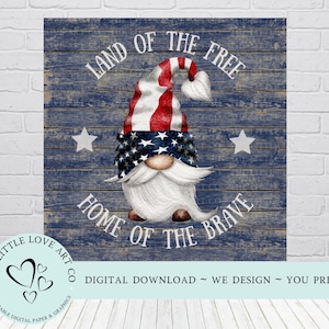 Gnome patriotique des États-Unis, conception de plaque Land of the Free Home of the Brave, décoration du 4 juillet, plaque de plateau à plusieurs niveaux, bois rustique, TÉLÉCHARGEMENT NUMÉRIQUE