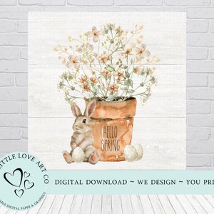 Hallo Frühling Wildblumen Pflanzer & Hase, Ostern Schild Design, Oster Dekor, Ostern Printable, Frühling Sublimation, SOFORTIGER DIGITALER DOWNLOAD