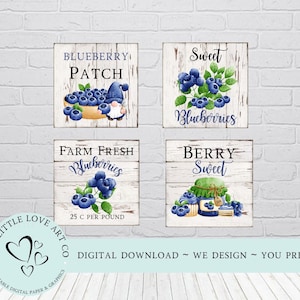 Pode incluir: Quatro sinais imprimíveis com um fundo de madeira rústico apresentando mirtilos e texto. Os sinais dizem "Blueberry Patch", "Sweet Blueberries", "Farm Fresh Blueberries 25c por libra", e "Berry Sweet".
