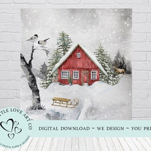 Cabina di Natale in legno rosso, scena di neve invernale, capanna di tronchi, placca di chalet di montagna, cartello del vassoio a più livelli per le vacanze, DOWNLOAD DIGITALE IMMEDIATO