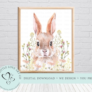 8 x 10 Easter Bunny Wall Art Print, Spring Wildflowers Bunny Print, Spring Meadow & Bunny Printable PDF, Instant Digital Download