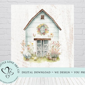 Frühling Scheune Bauernhof Zeichen, Bauernhaus Dekor, rustikales Zeichen, druckbare PNG, Ostern Bauernhof, Henne und Küken, Decoupage Scrapbook Papier, DIGITAL DOWNLOAD Bild 1