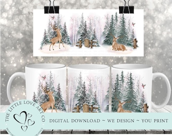 11oz Mug Wrap Winter Woodland Stag Deer Design - Christmas Sublimation Design, Forest Animals Mug Wrap, PNG, Instant Digital Download