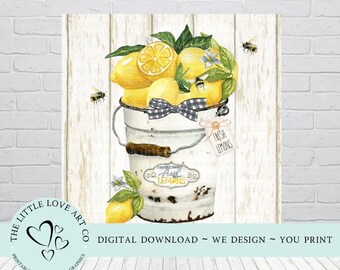 Seau rustique citrons et conception d'abeilles, décoration de ferme, décoration d'intérieur d'été, citron imprimable, art mural citron, TÉLÉCHARGEMENT NUMÉRIQUE IMMÉDIAT