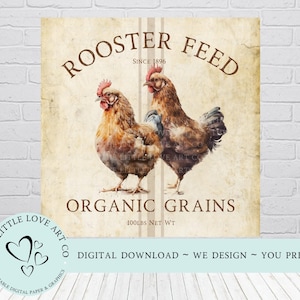 Diseño de letrero de gallo que alimenta a las gallinas, decoración de granja, imprimible, PNG, gallinas de granja, letrero de aves de corral, decoración de cocina, descarga digital instantánea