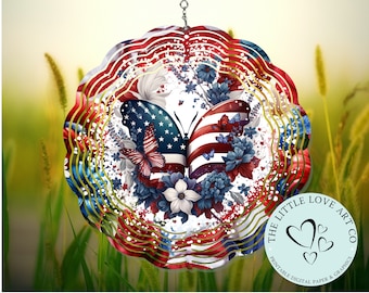 Girandola a vento con farfalle e fiori per il 4 luglio, design per sublimazione, Giorno dell'Indipendenza, girandola patriottica, PNG, decorazione da giardino, download digitale immediato