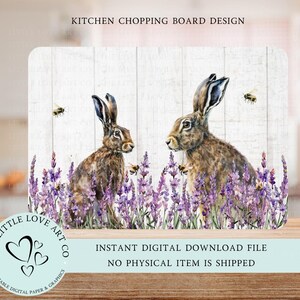 May include: A digital download design for a kitchen chopping board featuring two brown rabbits in a field of purple lavender flowers with bees flying around them. The background is a white woodgrain pattern.