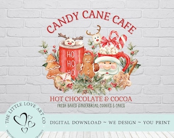 Bord bord Candy Cane Cafe Hot Cocoa Bar, mok rode cacao, marshmallows en koekjes, print kerstvakantie, INSTANT DIGITALE DOWNLOAD