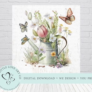 Regador de flores silvestres e borboletas ~ Sinal de flores de verão, decoração de verão, flores silvestres, papel para impressão, decupagem, PNG, DOWNLOAD DIGITAL