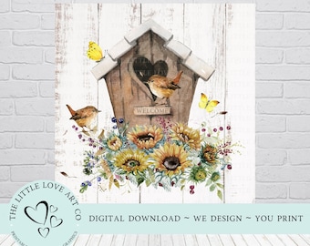 Sunflower Birdhouse Rustic Farmhouse Print (Digital Download)