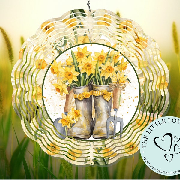 Daffodil Floral Wellies Wind Spinner Sublimation Design, Spring Flowers Spinner Design, PNG, Yard Decor, Instant Digital Download