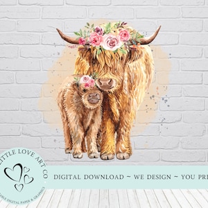 Highland Cow & Baby Calf Mother's Day Mug Sublimation Design, Long Haired Cow Sublimation Design, Mom Baby, PNG, Instant Digital Download