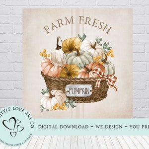 Projekt kosza z dyniami Farm Fresh ~ Wystrój domu wiejskiego, Dynie, Projekt tabliczki, Wydrukuj PNG, Papier do scrapbookingu Decoupage, POBIERANIE CYFROWE