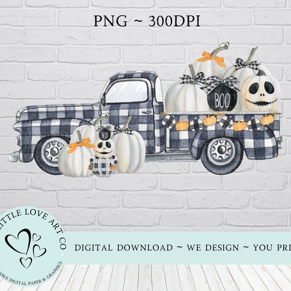 Black White Pumpkin Truck PNG, Halloween Sublimation Design, Boo Pumpkin Design, Halloween Clipart, Buffalo Check, Instant Digital Download