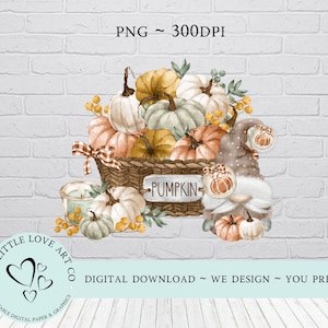Jesienny jesienny kosz dyniowy PNG, dyniowy krasnal clipart, projekt sublimacji dyni, projekt koszulki z naszywką dyniową, natychmiastowe pobieranie cyfrowe