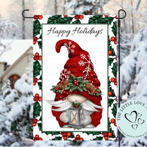 Frohe Feiertage Holly Gnome Flagge Sublimation Design, Feiertage Hof Flagge, Weihnachtsdekoration, Holly Gnome Veranda Flagge, SOFORTIGER DIGITALER DOWNLOAD
