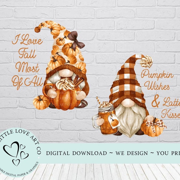 Set Of 2 Autumn Pumpkin Gnomes PNG, Pumpkin Clipart, Pumpkin Wishes & Latte Kisses, I Love Fall Sublimation Design,Instant Digital Download