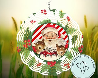Diseño de sublimación Vintage Red Santa & Reindeer Wind Spinner, Jolly Santa Spinner Design, PNG, Decoración de patio de vacaciones, Descarga digital instantánea
