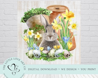 Spring Garden Bunny Rabbit Flowers Design, Country Easter Decor, Spring  Plant Pot Printable PNG, Decoupage Scrapbook Paper, DIGITAL DOWNLOAD 