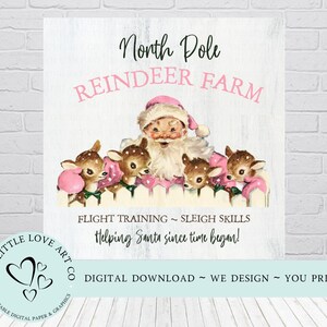 Nordpol Rentier Farm Vintage Santa PNG, Rosa Weihnachten Clip Art, Weihnachtsdekor, Sublimationsdesign, Sofortiger digitaler Download