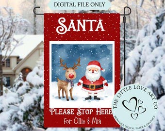 Santa Please Stop Here Christmas Garden Flag, Santa & Deer Christmas Holiday Flag PNG, Holiday Sublimation Design, Instant Digital Download