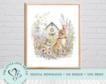 8 x 10 Bunny Wall Art Print, Spring Wildflowers Bunnies Print, Spring Meadow & Bunny Printable JPG, Instant Digital Download