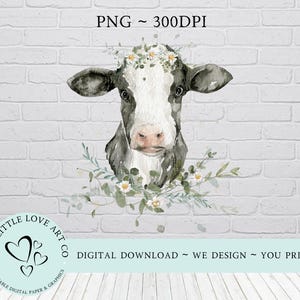 Krowa z farmy z stokrotkami i zielenią PNG, wystrój wiejskiego domu, sublimacja krowy, jałówka, wydruk PNG, natychmiastowe pobieranie cyfrowe