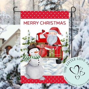 Merry Christmas Santa Truck & Snowman Garden Flag, Christmas Yard Flag PNG, Holiday Flag Sublimation Design, Instant Digital Download