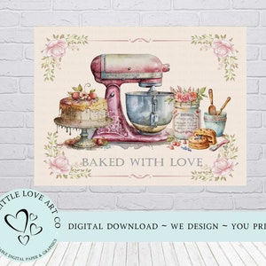 May include: A watercolour illustration of a pink stand mixer with a cake and flowers. The text "BAKED WITH LOVE" is written below the mixer.