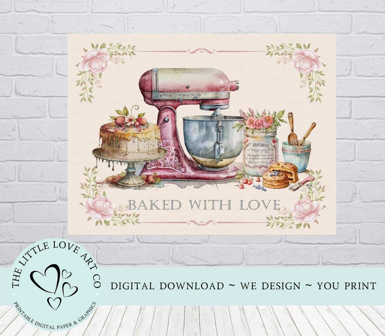 May include: A watercolour illustration of a pink stand mixer with a cake and flowers. The text "BAKED WITH LOVE" is written below the mixer.