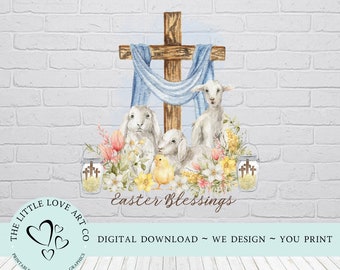 Easter Blessings Cross Spring Animals, Easter Decor, Easter Sublimation, Easter Card Printable, Lamb, Bunny, Chicks, PNG, DIGITAL DOWNLOAD