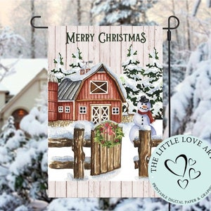 Merry Christmas Country Red Barn Snow Scene Flag, Holiday Decor, Garden Flag PNG, Christmas Sublimation Design, Instant Digital Download