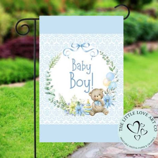 Blue Baby Boy Wreath Garden Flag, New Baby Announcement Yard Flag, Baby Boy Sublimation Design, Teddy Bear Wreath, Instant Digital Download