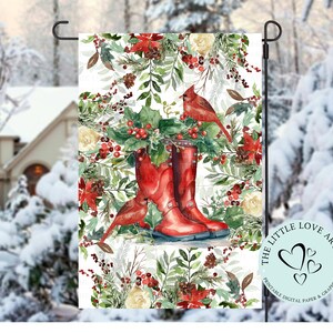 Inverno Floral Wellies Red Cardinals Garden Flag, Cardinal Yard Flag, Holidays Sublimation Design, Botas Florais PNG, Download Digital Instantâneo