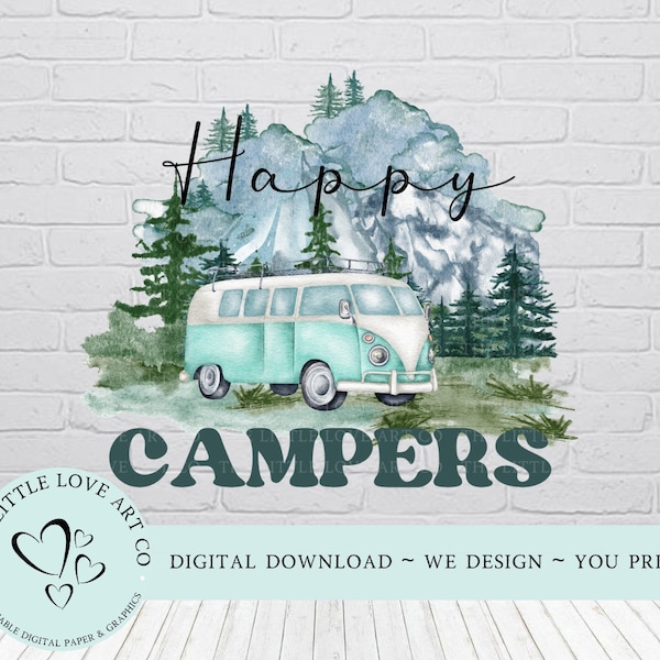 Happy Campers Campervan Sublimation Design, PNG, Mug Transfer Design, Camping Mug, Motorhome Mug, Personalised Mug, Instant Digital Download