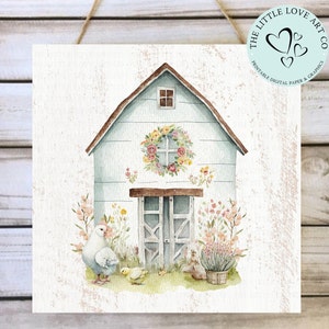 Frühling Scheune Bauernhof Zeichen, Bauernhaus Dekor, rustikales Zeichen, druckbare PNG, Ostern Bauernhof, Henne und Küken, Decoupage Scrapbook Papier, DIGITAL DOWNLOAD Bild 3